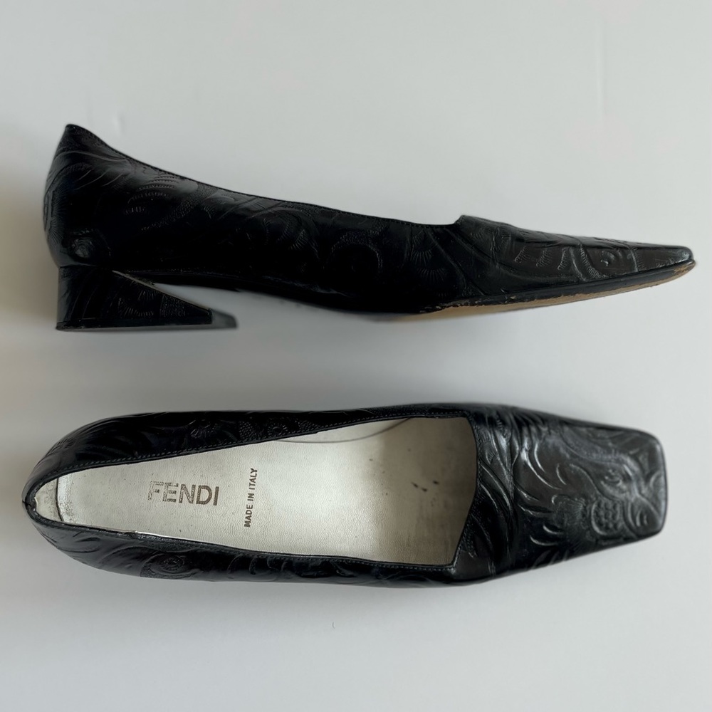 Fendi Black Leather Kitten Heels Embossed
